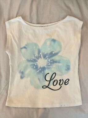 Zara White Tee with Blue Floral 'Love' Print
